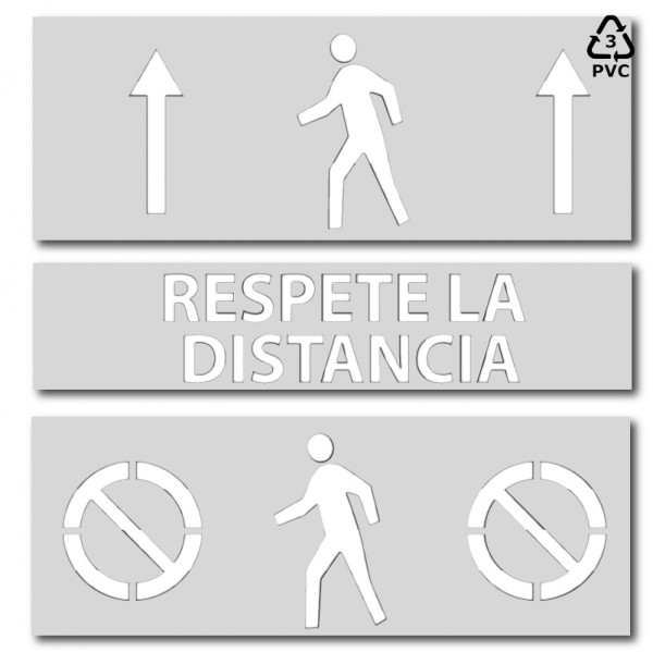 Kit 3 Plantillas señalización paso de peatones "respete la distancia" con pictogramas (Default)